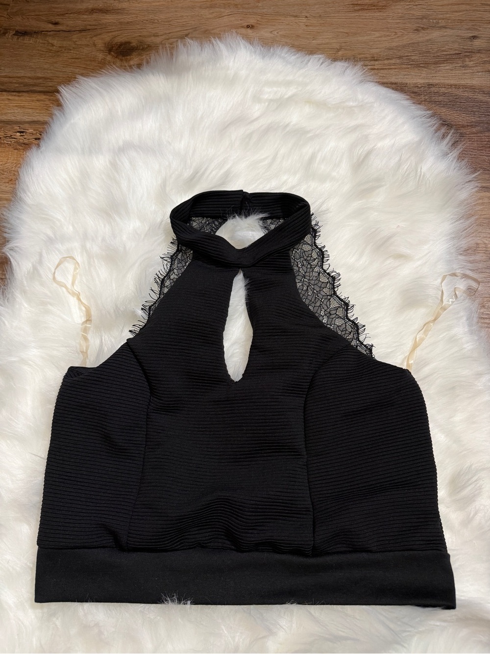 Love J Black Ribbed Lace Halter Top Size L